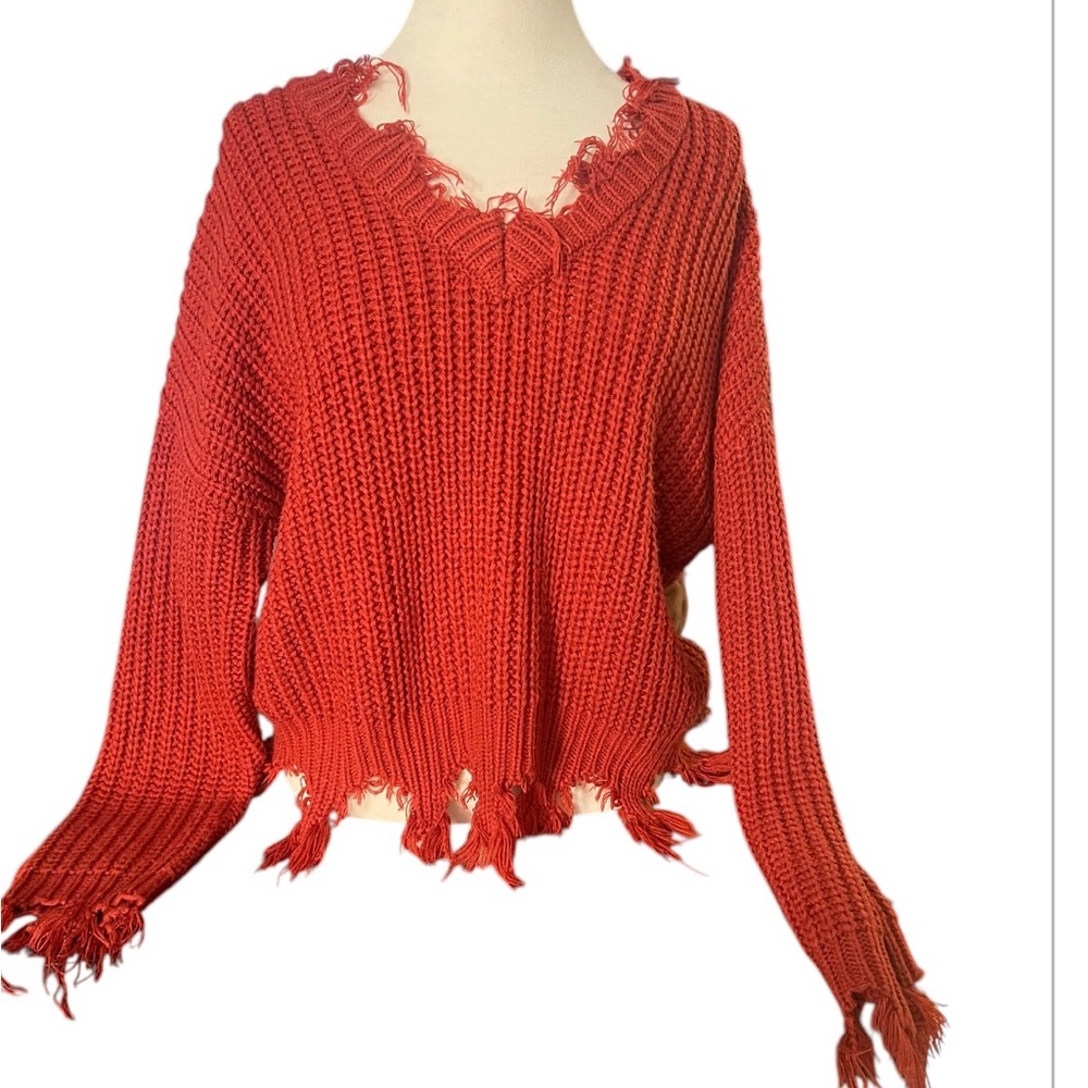 Love Tree Red V-Neck Sweater with Frayed Hem